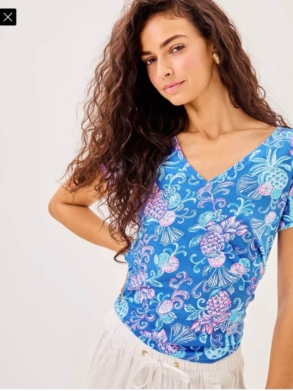 Lilly Pulitzer Meredith V-Neck Short Sleeve Tee Sunwashed Blue Citrus Crush 🩵🩷💙